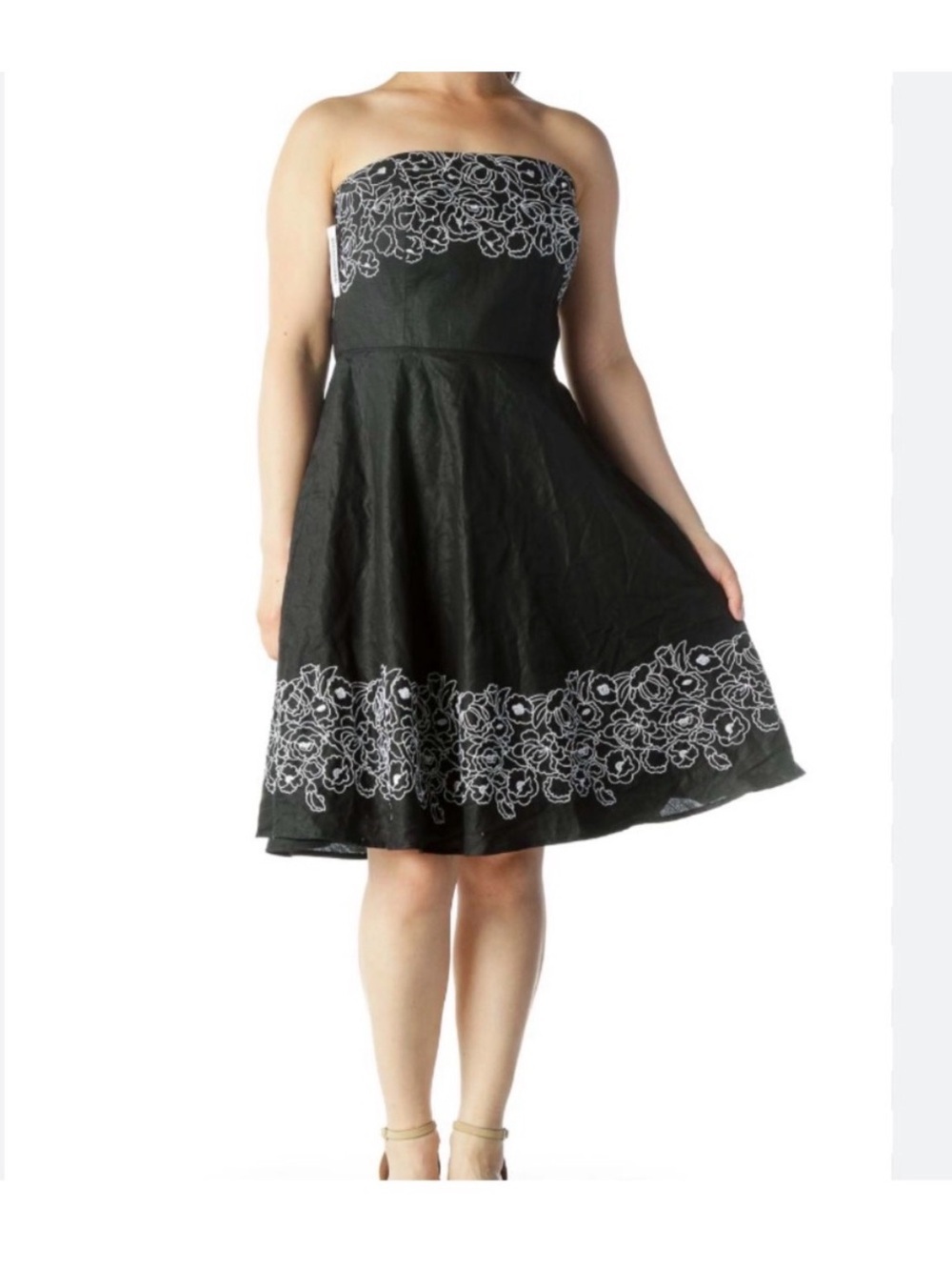 LOFT Black Linen Strapless Dress White Floral Embroidery, 100% Linen, 4